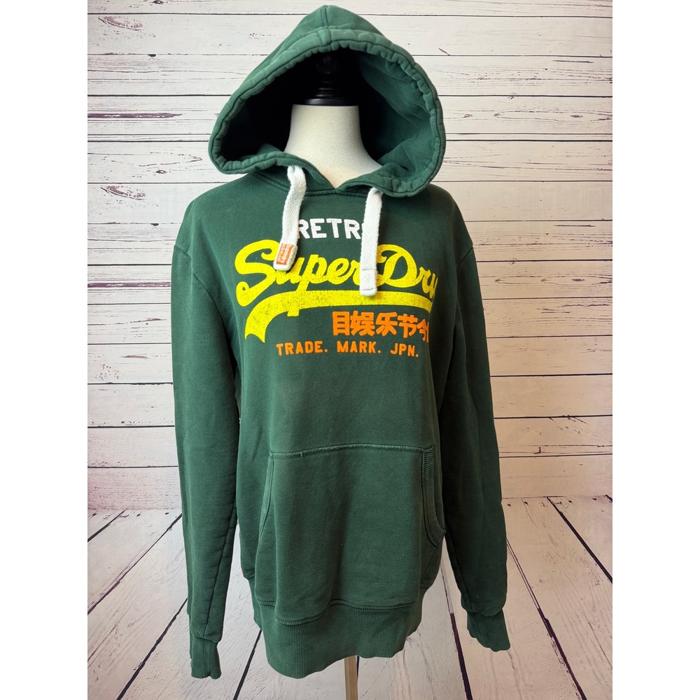 Superdry Hoodie Sweatshirt Large Green Retro Graphic Logo Pullover Mens Japan